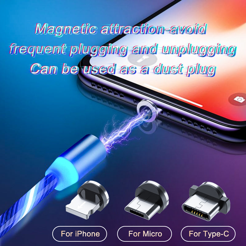 Magnetic Charging Cable Streamer Fast Charging Cable Lighting Micro USB Cable LED Magnet Charger Type-C Cable in use.