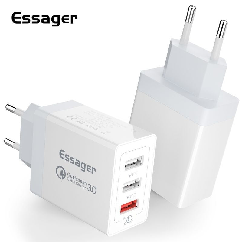 Three-Port USB Fast Charge 30WQC30 Mobile Phone Charger in white with dual USB ports.
