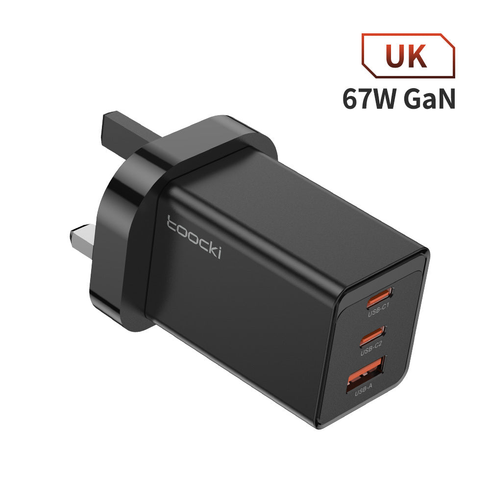 67W Pole Charger Gallium Nitride Three-port Fast Charging Charger in black color with three USB ports.