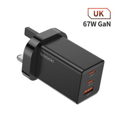 67W Pole Charger Gallium Nitride Three-port Fast Charging Charger in black color with three USB ports.