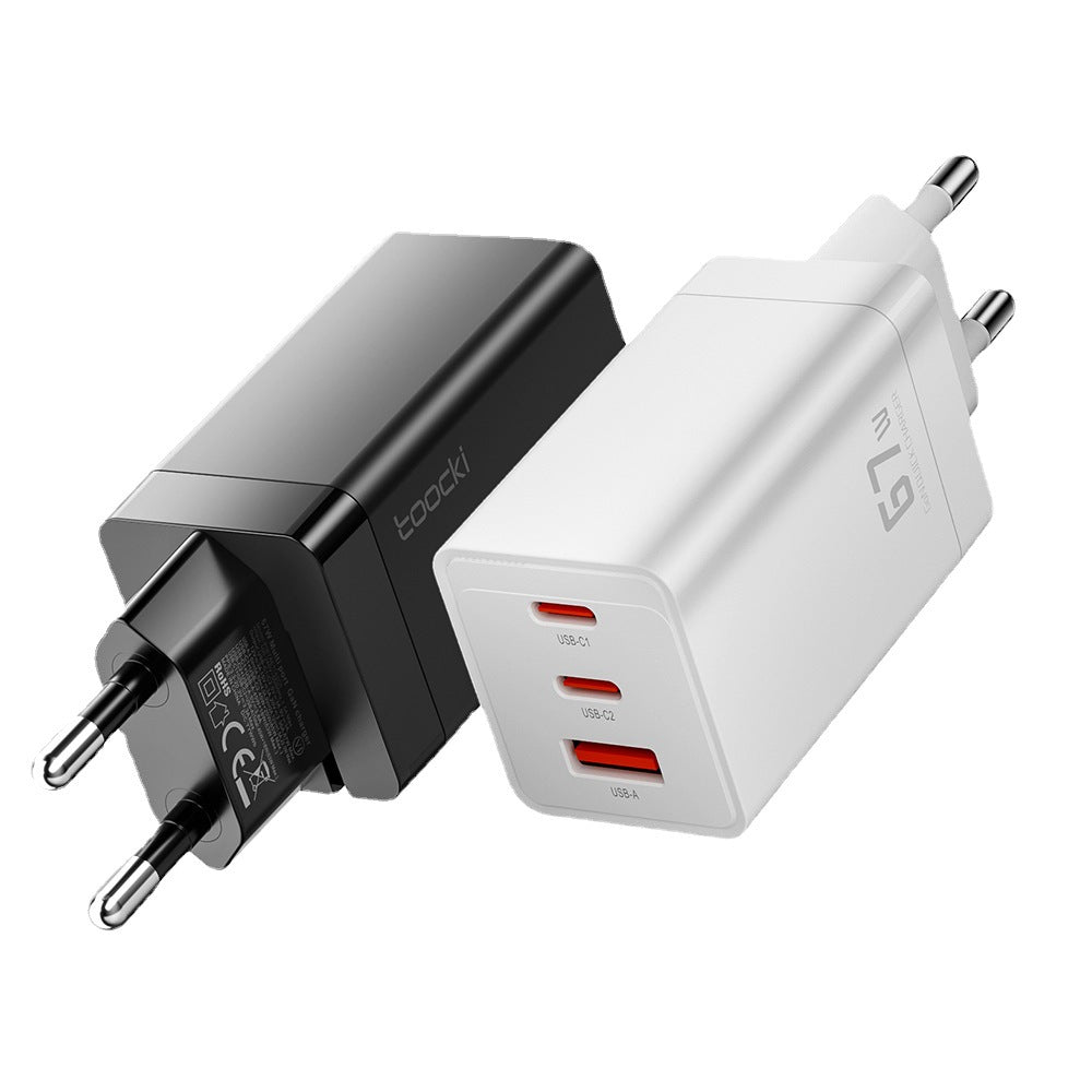 67W Pole Charger Gallium Nitride Three-port Fast Charging Charger in black and white designs.