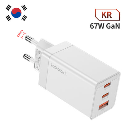 67W Pole Charger Gallium Nitride Three-port Fast Charging Charger in white color for Korean market
