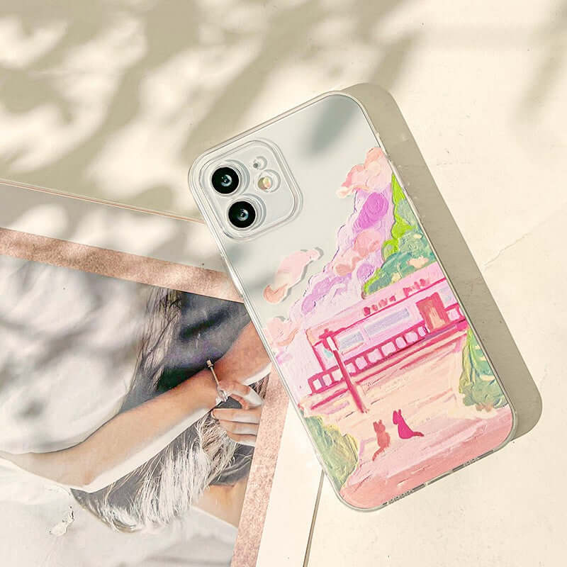 Soft silicone cat phone case featuring a colorful design with two cats, perfect for cat lovers.