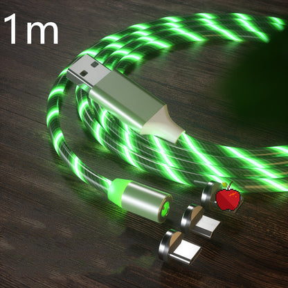 Magnetic Charging Cable Streamer Fast Charging Cable Lighting Micro USB Cable LED Magnet Charger Type-C Cable on wooden surface