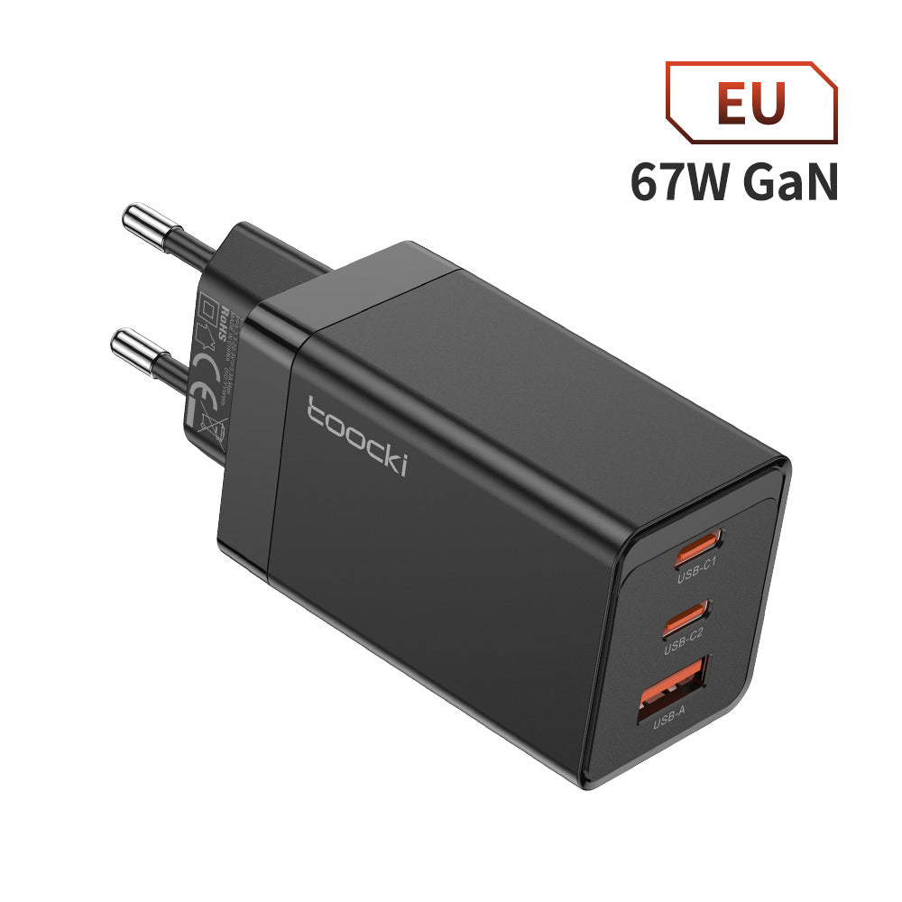 67W Pole Charger Gallium Nitride Three-port Fast Charging Charger in black with USB ports.