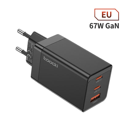 67W Pole Charger Gallium Nitride Three-port Fast Charging Charger in black with USB ports.