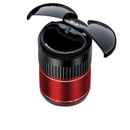Multi-functional Creative Smart Car Ashtray With Lid in black and red design, showcasing its open lid and unique shape.