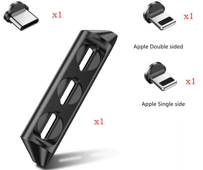 Magnetic charging cable featuring three interchangeable heads for Apple Double sided and Apple Single side.