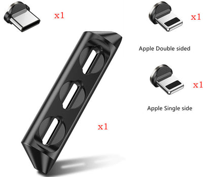 Magnetic charging cable featuring three interchangeable heads for Apple Double sided and Apple Single side.