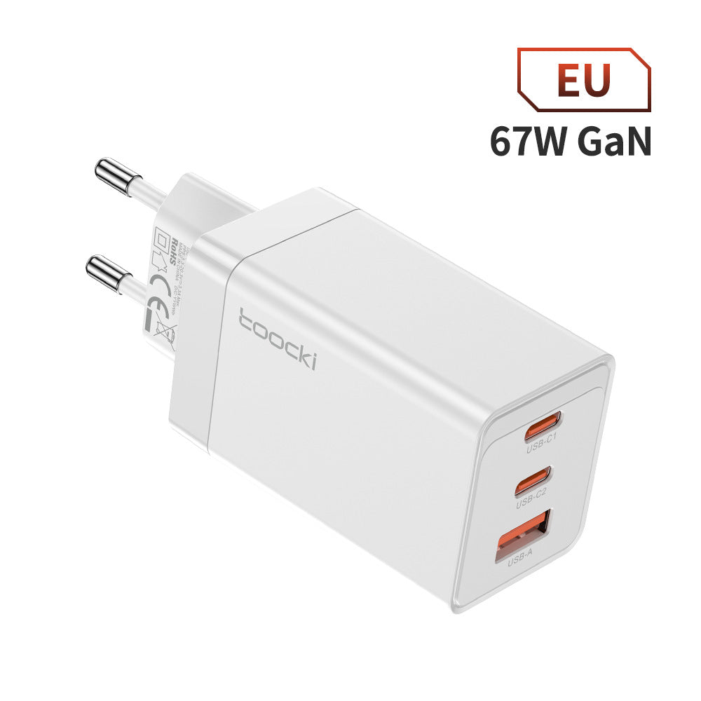 67W Pole Charger Gallium Nitride Three-port Fast Charging Charger in white, suitable for EU outlets.