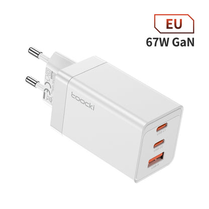 67W Pole Charger Gallium Nitride Three-port Fast Charging Charger in white, suitable for EU outlets.
