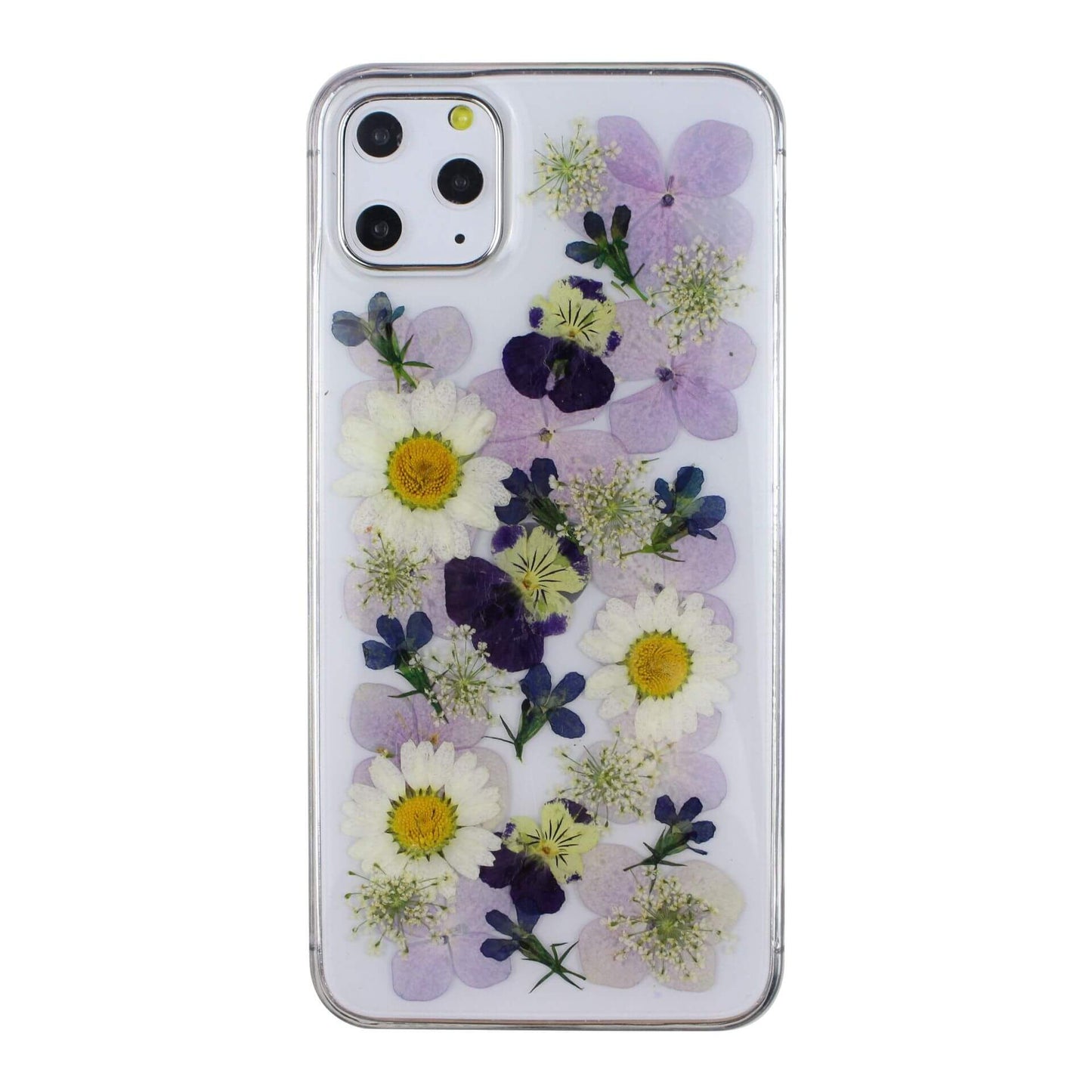 Preserved flower phone cases featuring vibrant floral designs on a clear epoxy iPhone case.