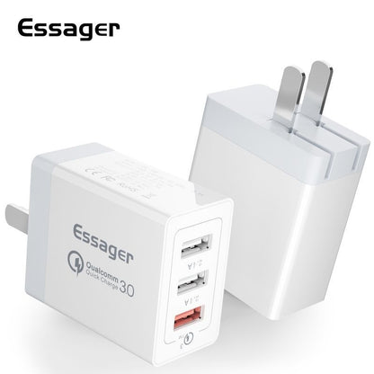 Three-Port USB Fast Charge 30WQC30 Mobile Phone Charger in white with Qualcomm Quick Charge 3.0 technology