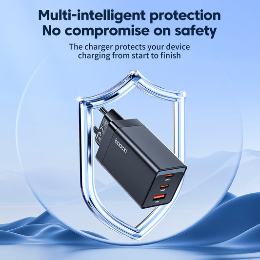 67W Pole Charger Gallium Nitride Three-port Fast Charging Charger with multi-intelligent protection for device safety.