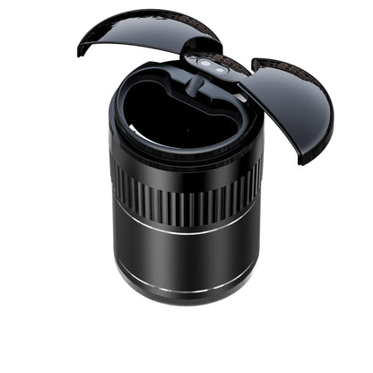 Multi-functional Creative Smart Car Ashtray With Lid in black with open lid and USB charging feature