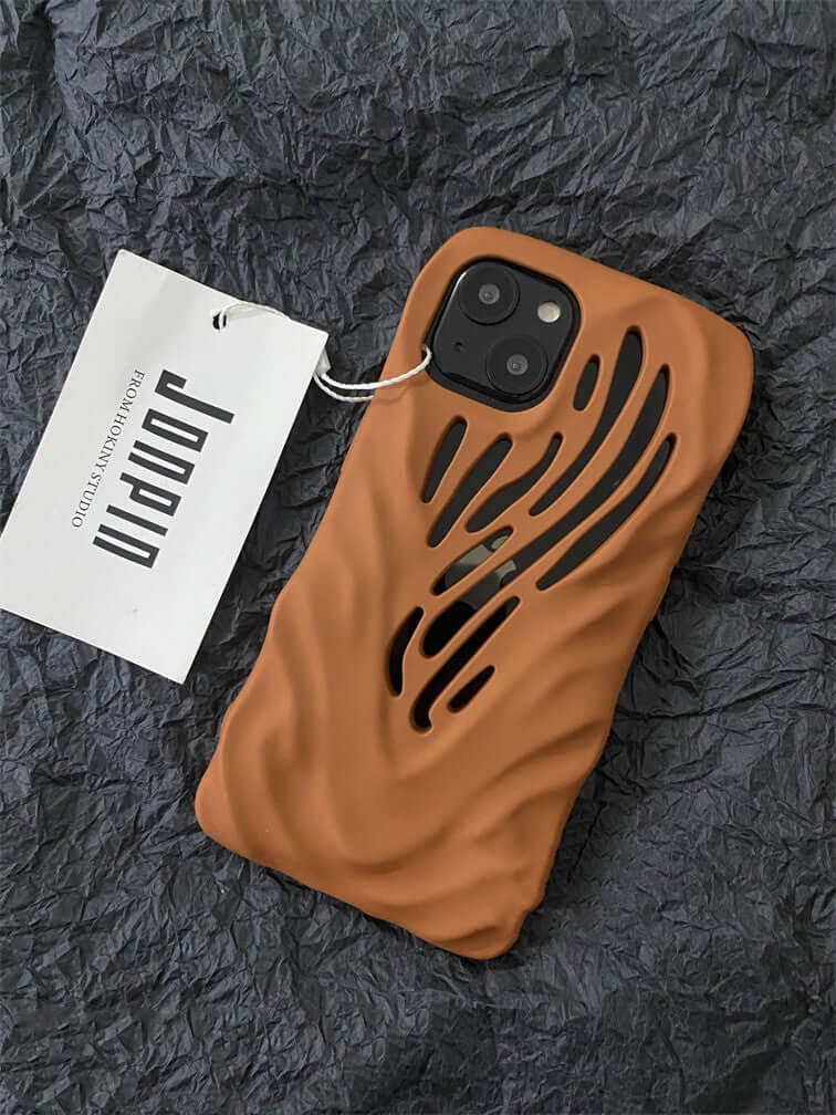 Titanium gray hollow iPhone case showcasing unique wind hollowed-out design for style and heat dissipation.