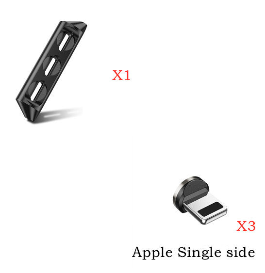Magnetic charging cable components showing one connector and three Apple single side attachments.