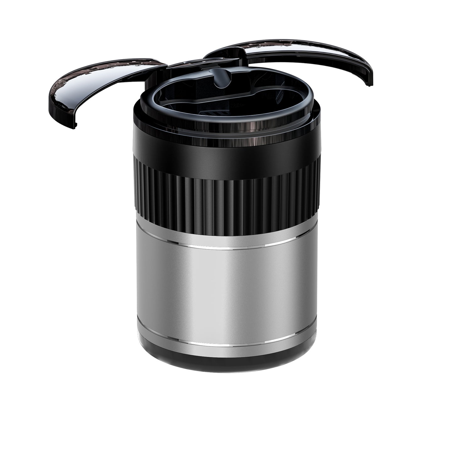 Multi-functional Creative Smart Car Ashtray With Lid in black and silver design, featuring a lid and USB charging.