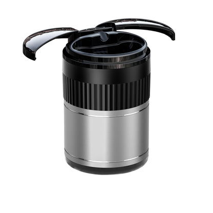Multi-functional Creative Smart Car Ashtray With Lid in black and silver design, featuring a lid and USB charging.