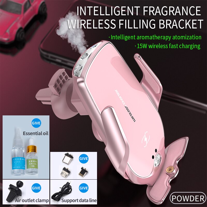 Car Smart Aromatherapy Mobile Phone Holder Car Navigation in pink color with essential oil and wireless charging features.