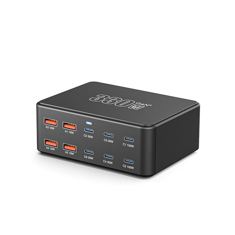 330W Super Fast Charge Porous Charger with multiple USB ports for quick charging in a sleek design.