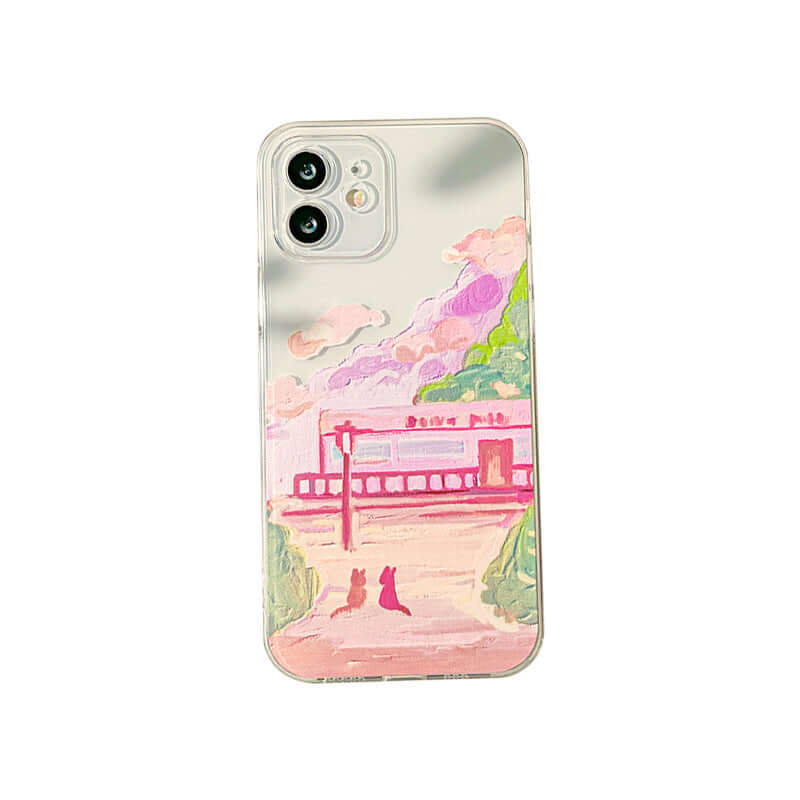 cat phone case featuring an artistic design of two cats near a train station in soft colors.