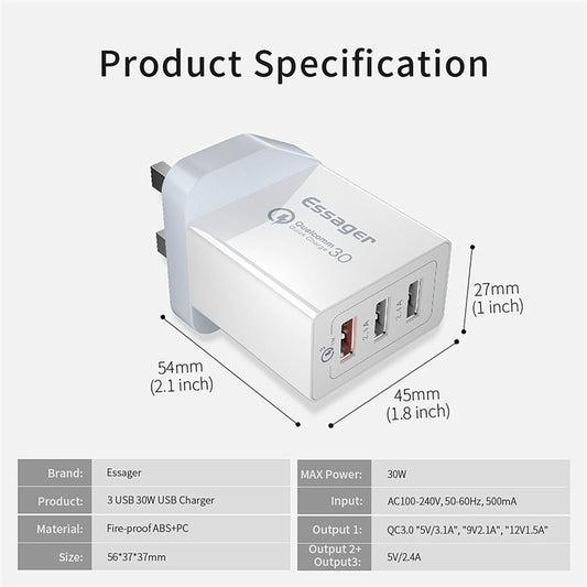 Three-Port USB Fast Charge 30WQC30 Mobile Phone Charger product specification with detailed dimensions and outputs.